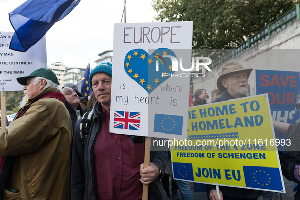 LONDON, UNITED KINGDOM - SEPTEMBER 28, 2024: Thousands of pro-EU demonstrators gather in central London ahead a march to Parliament Square c...