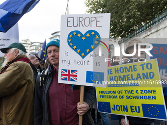 LONDON, UNITED KINGDOM - SEPTEMBER 28, 2024: Thousands of pro-EU demonstrators gather in central London ahead a march to Parliament Square c...