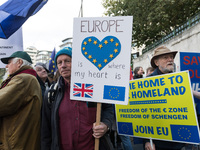 LONDON, UNITED KINGDOM - SEPTEMBER 28, 2024: Thousands of pro-EU demonstrators gather in central London ahead a march to Parliament Square c...