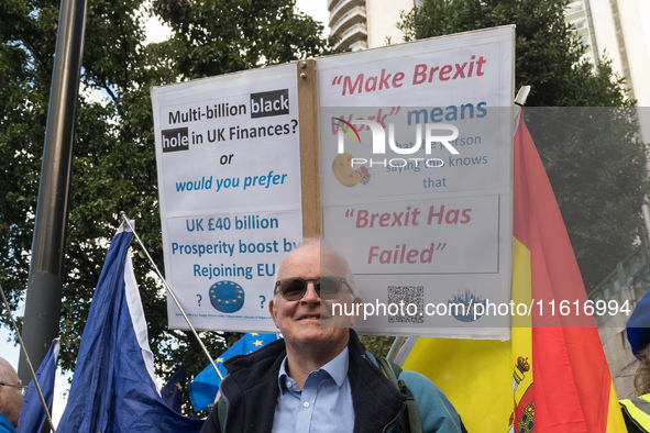 LONDON, UNITED KINGDOM - SEPTEMBER 28, 2024: Thousands of pro-EU demonstrators gather in central London ahead a march to Parliament Square c...