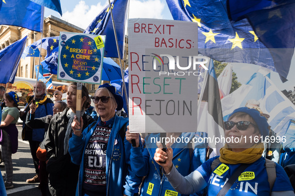 LONDON, UNITED KINGDOM - SEPTEMBER 28, 2024: Thousands of pro-EU demonstrators march in central London calling for the UK to rejoin the Euro...