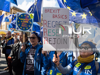 LONDON, UNITED KINGDOM - SEPTEMBER 28, 2024: Thousands of pro-EU demonstrators march in central London calling for the UK to rejoin the Euro...