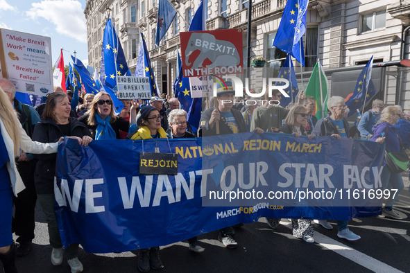 LONDON, UNITED KINGDOM - SEPTEMBER 28, 2024: Thousands of pro-EU demonstrators march in central London calling for the UK to rejoin the Euro...