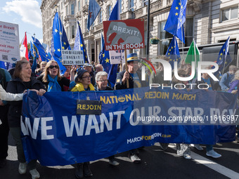 LONDON, UNITED KINGDOM - SEPTEMBER 28, 2024: Thousands of pro-EU demonstrators march in central London calling for the UK to rejoin the Euro...