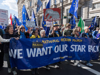 LONDON, UNITED KINGDOM - SEPTEMBER 28, 2024: Thousands of pro-EU demonstrators march in central London calling for the UK to rejoin the Euro...