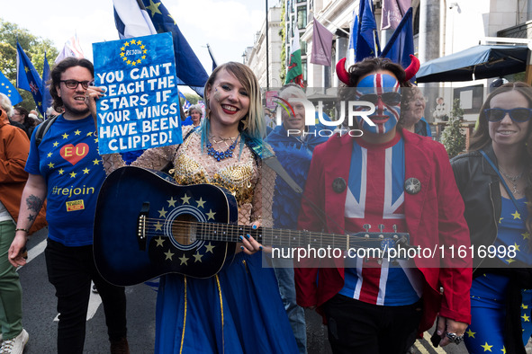 LONDON, UNITED KINGDOM - SEPTEMBER 28, 2024: Thousands of pro-EU demonstrators march in central London calling for the UK to rejoin the Euro...