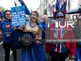 LONDON, UNITED KINGDOM - SEPTEMBER 28, 2024: Thousands of pro-EU demonstrators march in central London calling for the UK to rejoin the Euro...