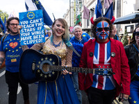 LONDON, UNITED KINGDOM - SEPTEMBER 28, 2024: Thousands of pro-EU demonstrators march in central London calling for the UK to rejoin the Euro...