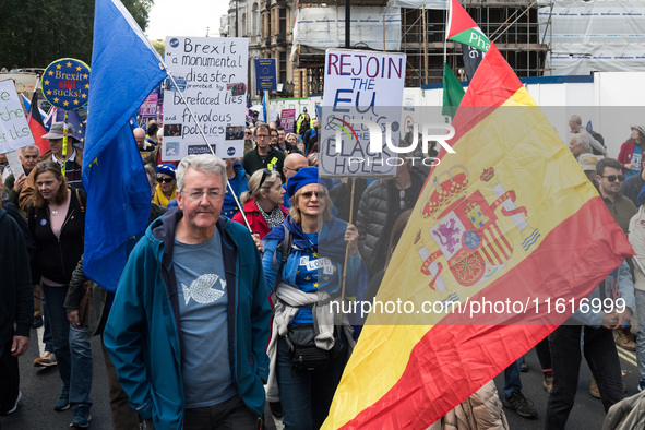 LONDON, UNITED KINGDOM - SEPTEMBER 28, 2024: Thousands of pro-EU demonstrators march in central London calling for the UK to rejoin the Euro...