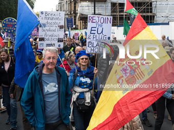 LONDON, UNITED KINGDOM - SEPTEMBER 28, 2024: Thousands of pro-EU demonstrators march in central London calling for the UK to rejoin the Euro...