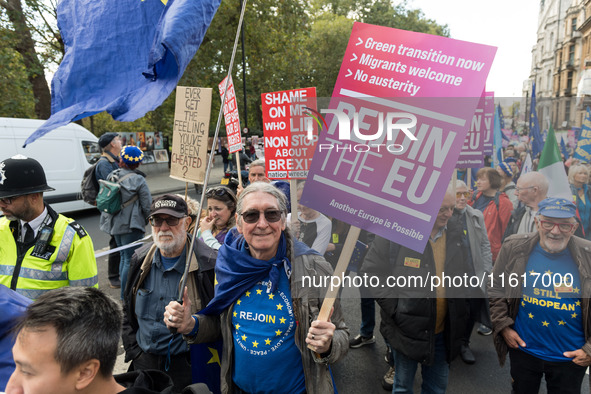 LONDON, UNITED KINGDOM - SEPTEMBER 28, 2024: Thousands of pro-EU demonstrators march in central London calling for the UK to rejoin the Euro...