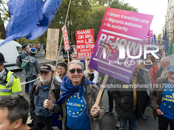 LONDON, UNITED KINGDOM - SEPTEMBER 28, 2024: Thousands of pro-EU demonstrators march in central London calling for the UK to rejoin the Euro...