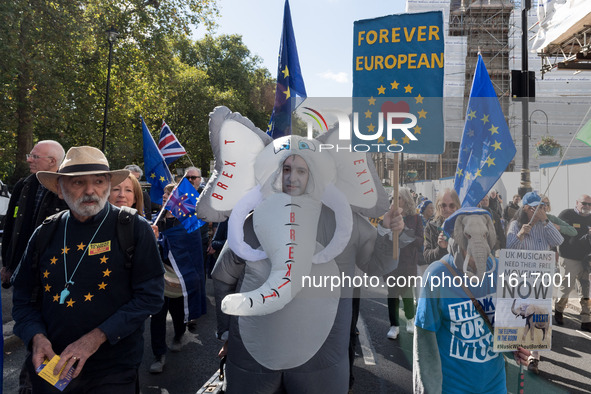 LONDON, UNITED KINGDOM - SEPTEMBER 28, 2024: Thousands of pro-EU demonstrators march in central London calling for the UK to rejoin the Euro...