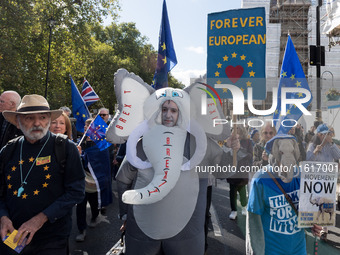 LONDON, UNITED KINGDOM - SEPTEMBER 28, 2024: Thousands of pro-EU demonstrators march in central London calling for the UK to rejoin the Euro...