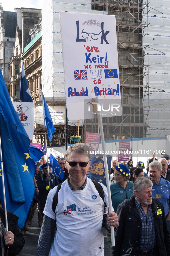 LONDON, UNITED KINGDOM - SEPTEMBER 28, 2024: Thousands of pro-EU demonstrators march in central London calling for the UK to rejoin the Euro...