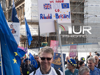 LONDON, UNITED KINGDOM - SEPTEMBER 28, 2024: Thousands of pro-EU demonstrators march in central London calling for the UK to rejoin the Euro...