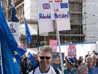 LONDON, UNITED KINGDOM - SEPTEMBER 28, 2024: Thousands of pro-EU demonstrators march in central London calling for the UK to rejoin the Euro...