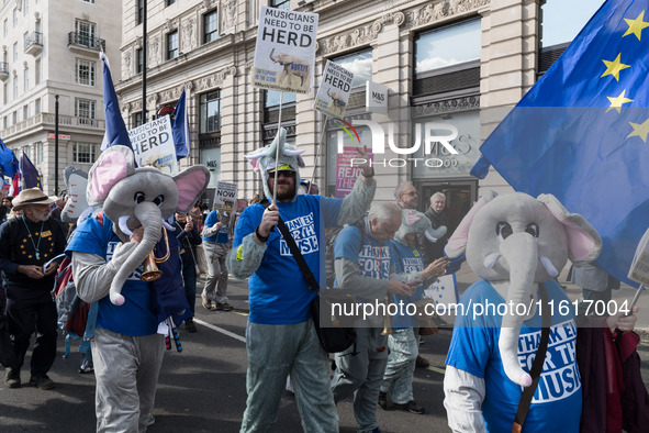 LONDON, UNITED KINGDOM - SEPTEMBER 28, 2024: Thousands of pro-EU demonstrators march in central London calling for the UK to rejoin the Euro...