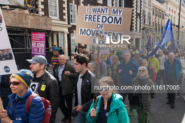 LONDON, UNITED KINGDOM - SEPTEMBER 28, 2024: Thousands of pro-EU demonstrators march in central London calling for the UK to rejoin the Euro...