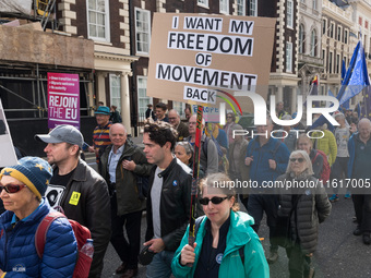 LONDON, UNITED KINGDOM - SEPTEMBER 28, 2024: Thousands of pro-EU demonstrators march in central London calling for the UK to rejoin the Euro...