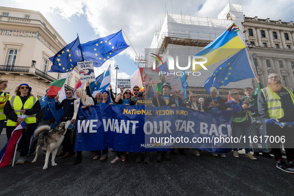 LONDON, UNITED KINGDOM - SEPTEMBER 28, 2024: Thousands of pro-EU demonstrators march in central London calling for the UK to rejoin the Euro...