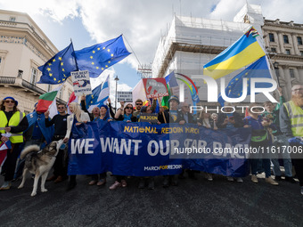 LONDON, UNITED KINGDOM - SEPTEMBER 28, 2024: Thousands of pro-EU demonstrators march in central London calling for the UK to rejoin the Euro...