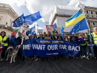 LONDON, UNITED KINGDOM - SEPTEMBER 28, 2024: Thousands of pro-EU demonstrators march in central London calling for the UK to rejoin the Euro...