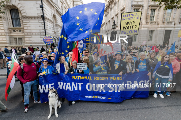 LONDON, UNITED KINGDOM - SEPTEMBER 28, 2024: Thousands of pro-EU demonstrators march in central London calling for the UK to rejoin the Euro...