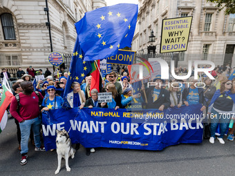 LONDON, UNITED KINGDOM - SEPTEMBER 28, 2024: Thousands of pro-EU demonstrators march in central London calling for the UK to rejoin the Euro...