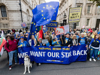 LONDON, UNITED KINGDOM - SEPTEMBER 28, 2024: Thousands of pro-EU demonstrators march in central London calling for the UK to rejoin the Euro...