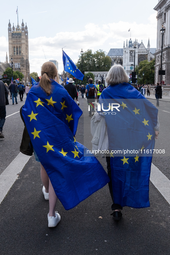 LONDON, UNITED KINGDOM - SEPTEMBER 28, 2024: Thousands of pro-EU demonstrators march in central London calling for the UK to rejoin the Euro...