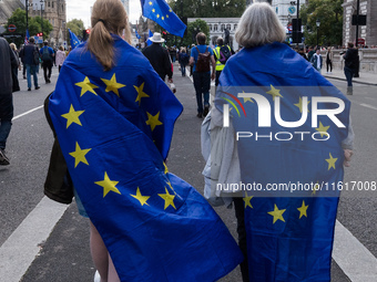 LONDON, UNITED KINGDOM - SEPTEMBER 28, 2024: Thousands of pro-EU demonstrators march in central London calling for the UK to rejoin the Euro...