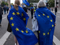 LONDON, UNITED KINGDOM - SEPTEMBER 28, 2024: Thousands of pro-EU demonstrators march in central London calling for the UK to rejoin the Euro...