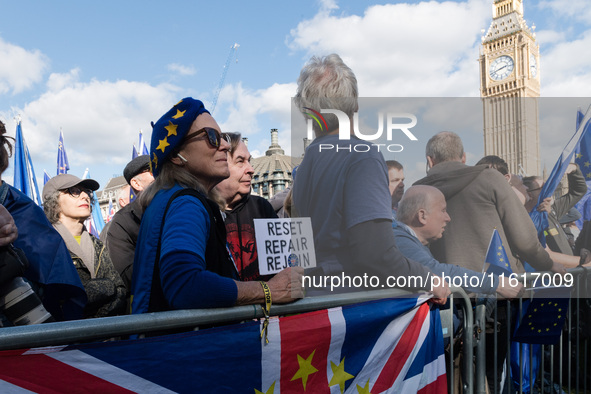 LONDON, UNITED KINGDOM - SEPTEMBER 28, 2024: Thousands of pro-EU demonstrators take part in a rally in Parliament Square calling for the UK...