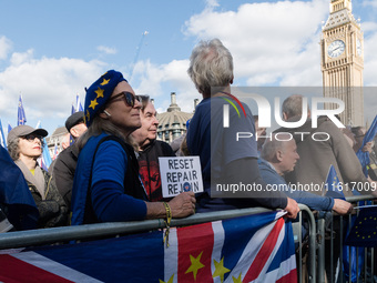 LONDON, UNITED KINGDOM - SEPTEMBER 28, 2024: Thousands of pro-EU demonstrators take part in a rally in Parliament Square calling for the UK...