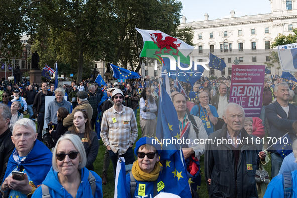 LONDON, UNITED KINGDOM - SEPTEMBER 28, 2024: Thousands of pro-EU demonstrators take part in a rally in Parliament Square calling for the UK...