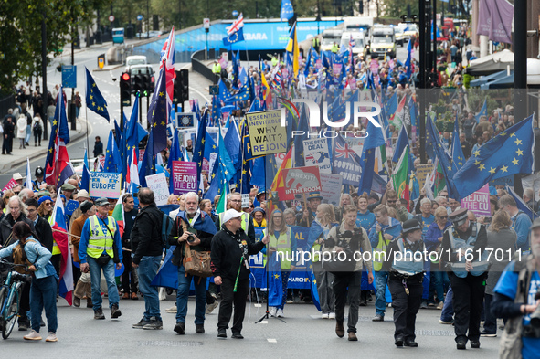 LONDON, UNITED KINGDOM - SEPTEMBER 28, 2024: Thousands of pro-EU demonstrators march in central London calling for the UK to rejoin the Euro...