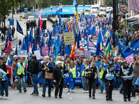 LONDON, UNITED KINGDOM - SEPTEMBER 28, 2024: Thousands of pro-EU demonstrators march in central London calling for the UK to rejoin the Euro...