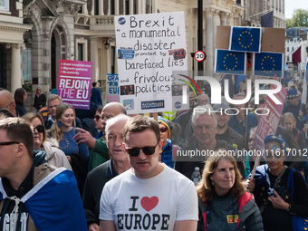 LONDON, UNITED KINGDOM - SEPTEMBER 28, 2024: Thousands of pro-EU demonstrators march in central London calling for the UK to rejoin the Euro...