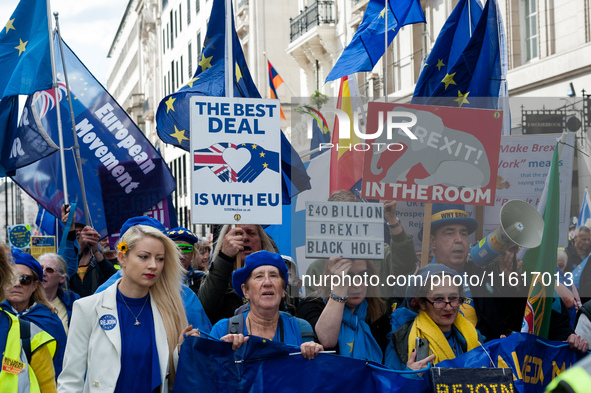 LONDON, UNITED KINGDOM - SEPTEMBER 28, 2024: Thousands of pro-EU demonstrators march in central London calling for the UK to rejoin the Euro...