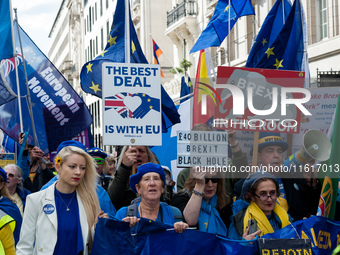 LONDON, UNITED KINGDOM - SEPTEMBER 28, 2024: Thousands of pro-EU demonstrators march in central London calling for the UK to rejoin the Euro...