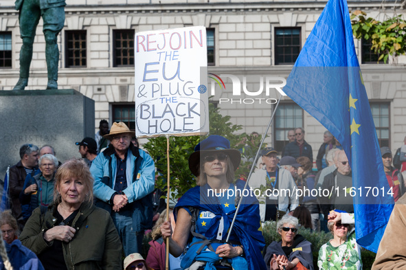 LONDON, UNITED KINGDOM - SEPTEMBER 28, 2024: Thousands of pro-EU demonstrators take part in a rally in Parliament Square calling for the UK...