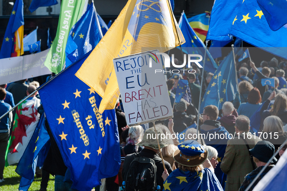 LONDON, UNITED KINGDOM - SEPTEMBER 28, 2024: Thousands of pro-EU demonstrators take part in a rally in Parliament Square calling for the UK...