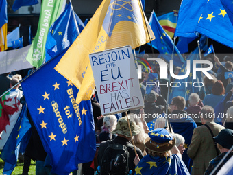 LONDON, UNITED KINGDOM - SEPTEMBER 28, 2024: Thousands of pro-EU demonstrators take part in a rally in Parliament Square calling for the UK...