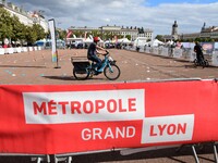 Several people test bikes during the first bikes Lyon festival in Lyon, France, on September 28, 2024. (