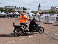 Several people test bikes during the first bikes Lyon festival in Lyon, France, on September 28, 2024. (