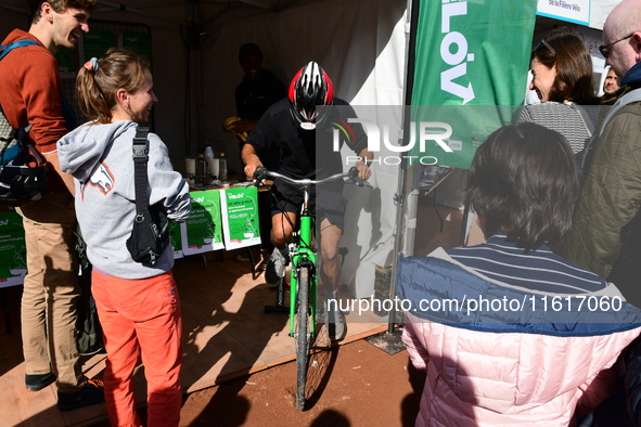 Several people test bikes during the first bikes Lyon festival in Lyon, France, on September 28, 2024. 