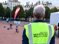 Several people test bikes during the first bikes Lyon festival in Lyon, France, on September 28, 2024. (