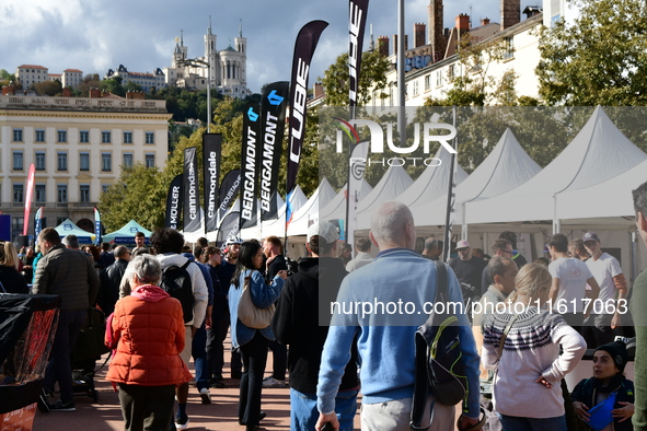 Several people test bikes during the first bikes Lyon festival in Lyon, France, on September 28, 2024. 