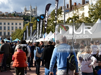 Several people test bikes during the first bikes Lyon festival in Lyon, France, on September 28, 2024. (